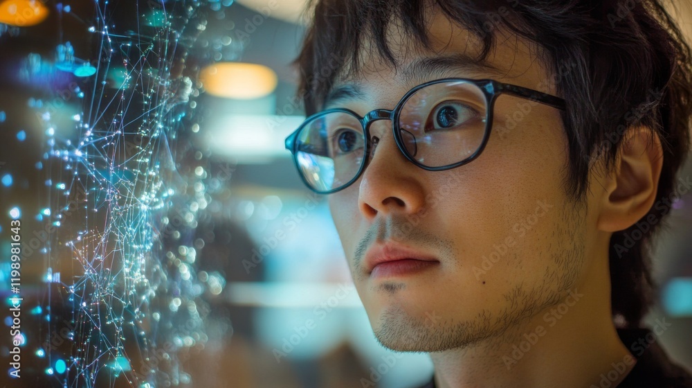 Poster focused man observing intricate digital data network visualization