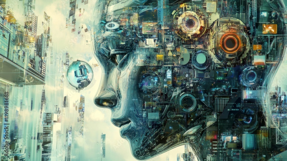 Poster a futuristic portrait of a humanoid robot with intricate mechanical details, representing the concep
