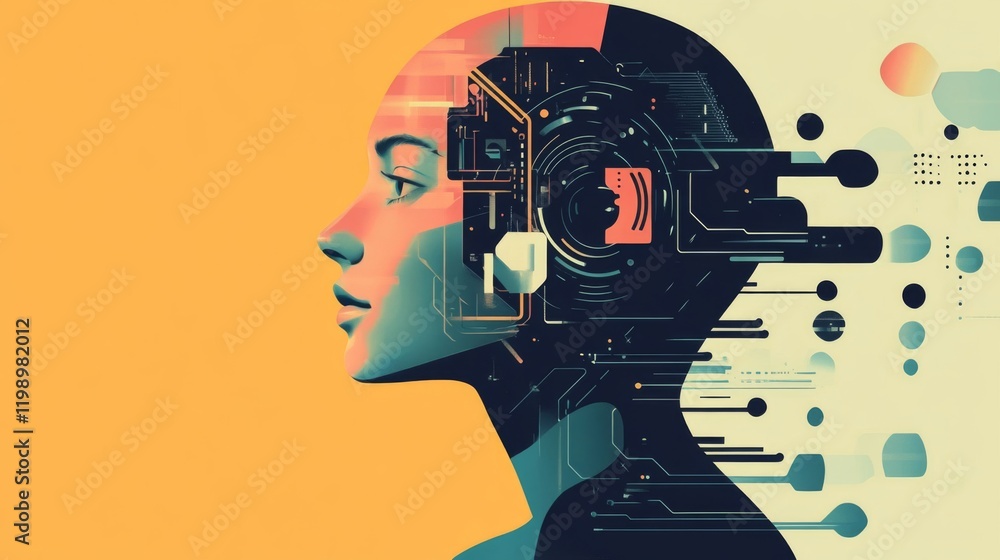 Poster abstract portrait of a cyborg: exploring the intersection of human and artificial intelligence