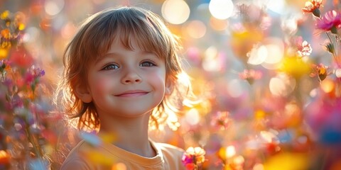 Fototapeta premium Joyful Child in a Colorful Flower Field