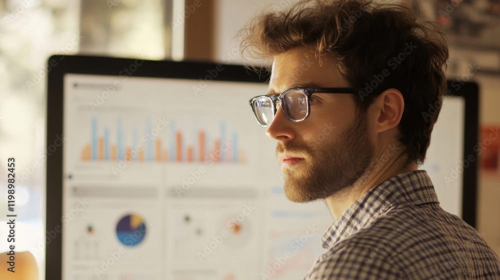 Poster focused businessman analyzing data on computer screen