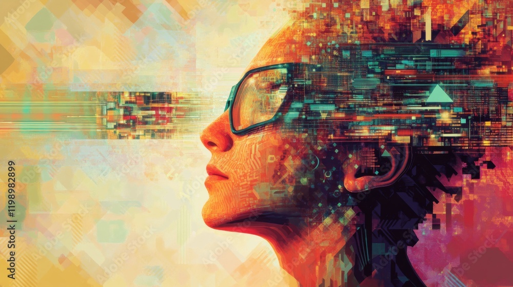 Poster abstract portrait of woman with data streams and technology elements