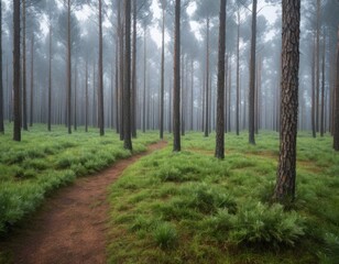 Obraz premium Misty Forest Path, Magical Woodland Trail, Enchanting Pine Forest