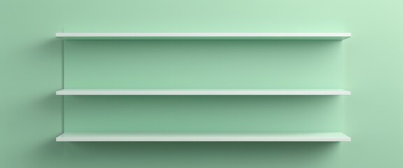 Minimalist white shelves on pastel green wall for modern decor