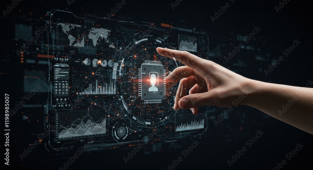 Poster futuristic interface with hand interacting with digital technology in dark environment