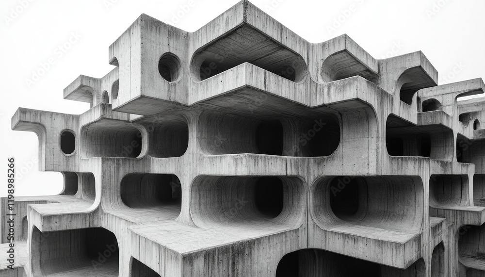Poster concrete modular architecture with circular openings against a foggy sky