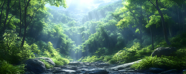 Sunlit Forest Stream, Lush Valley