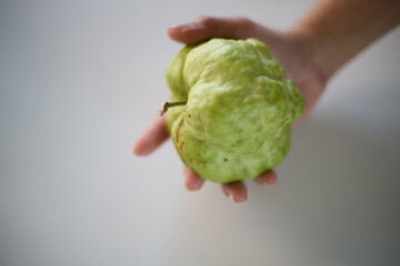 Imperfect guava in hand on white background