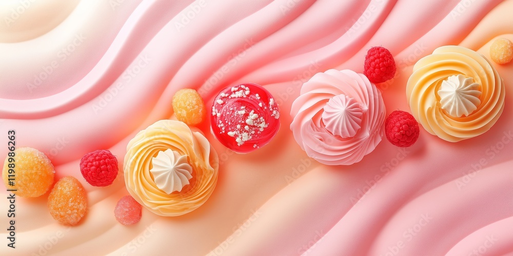 Poster abstract background with desserts and sweets and soft abstract waves in gradient tones.