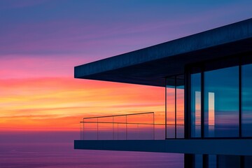 Fototapeta premium A modern house overlooking the ocean at sunset, with large windows and a terrace, sleek design, contemporary architecture, and an urban setting. 