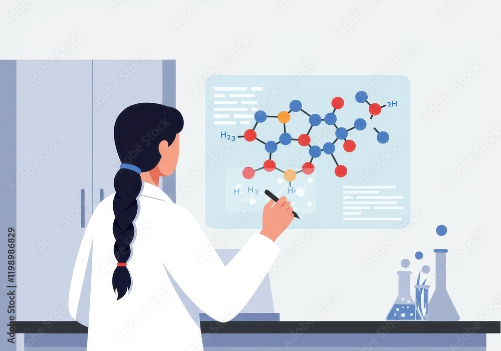 Poster scientist analyzing molecular structure on digital screen in laboratory setting
