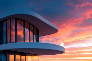 Fototapeta premium A modern house overlooking the ocean at sunset, with large windows and a terrace, sleek design, contemporary architecture, and an urban setting. 