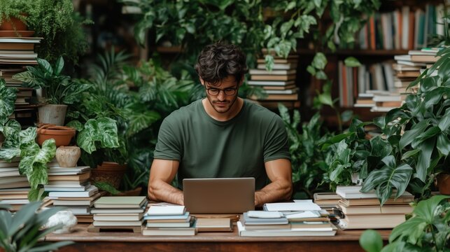 young man sits at a wooden desk, focused on his laptop, amidst a rich collection of books and vibrant plants. study area creates a tranquil atmosphere for productivity