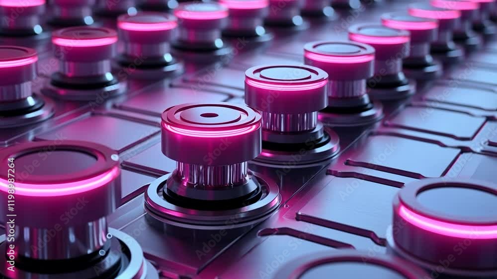 Poster a close-up view of illuminated control buttons on a futuristic surface
