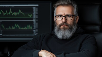 Obraz premium skilled trader examines stock market trends in a dimly lit office. individual, with a salt-and-pepper beard and glasses, closely observes financial charts displayed on a screen