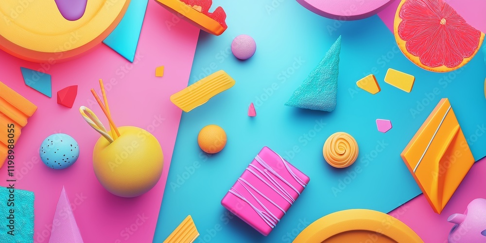 Poster abstract background with desserts and sweets and geometric patterns in vibrant multicolor tones, sha