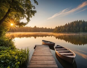 Obraz premium Sunrise Lake Serenity: Wooden Rowboats on Calm Water Wooden Dock