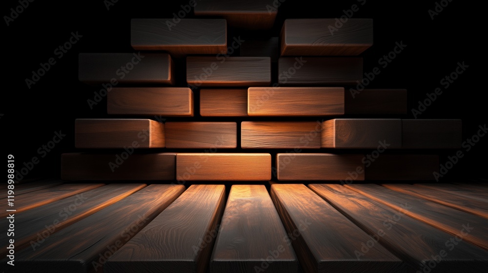 Poster wooden blocks are meticulously arranged to form a structured pattern, illuminated by warm lighting. 