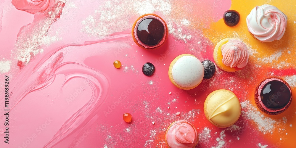 Poster abstract background with desserts and sweets and contemporary abstract shapes in clean and sharp des