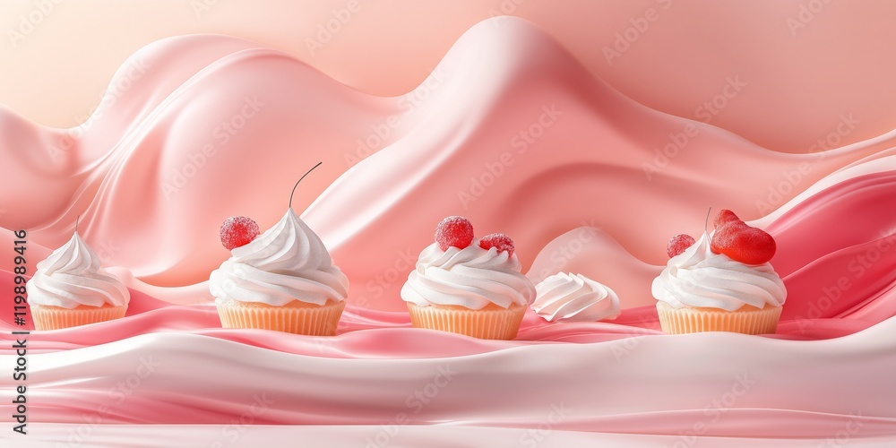 Poster abstract background with desserts and sweets and fluid 3d waves in gradient tones, smooth and glossy