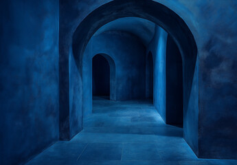 Obraz premium Mysterious Dark Blue Background with Atmospheric Concrete Floor and Walls for an Immersive and Moody Design Aesthetic