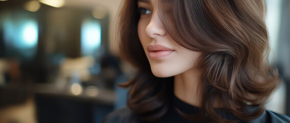 Woman with wavy brown hair and natural makeup side view. Beauty and cosmetics advertisement