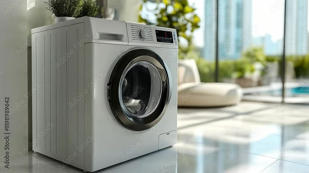 Poster a modern washing machine is situated in a well-lit laundry room featuring large windows that allow n