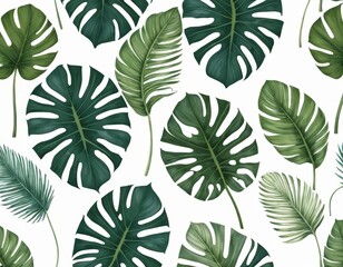 Fototapeta premium Tropical Leaves Seamless Pattern, Watercolor Monstera and Palm Leaves