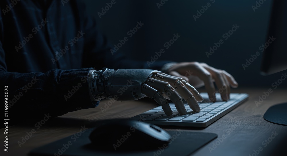 Poster robotic hand typing on keyboard in dark workspace