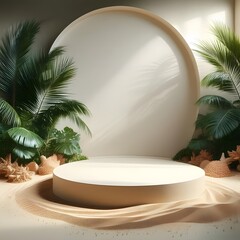 Paradise Perch Circular Plastic Podium with Tropical Palm Leaves
