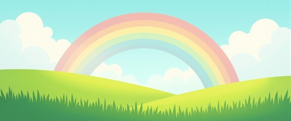 Obraz premium Vibrant rainbow arc over lush green hills under bright blue sky with clouds