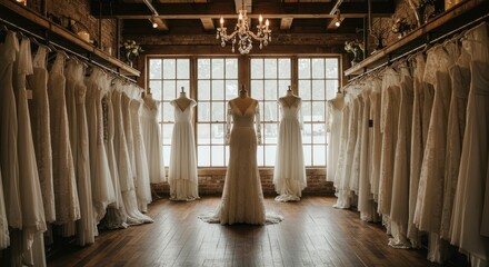 Elegant bridal boutique displaying timeless wedding gowns in rustic setting