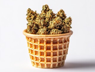 Ice cream cone adorned with marijuana, cannabis buds served in ice cream cone