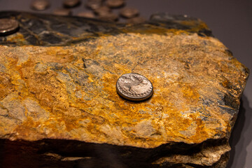 ancient,coin, metal, coinage, alloy, image, middle ages, currency, old, preserved, behind glass,...