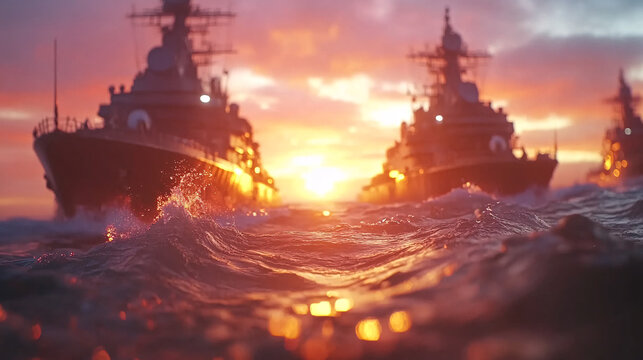 Kriegsschiffe navigieren durch raue Wellen in dramatischem Sonnenuntergang, reflektierende Wasseroberfl&auml;che und bedrohliche Atmosph&auml;re  
