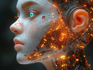 Cyborg woman with glowing circuits, dark background