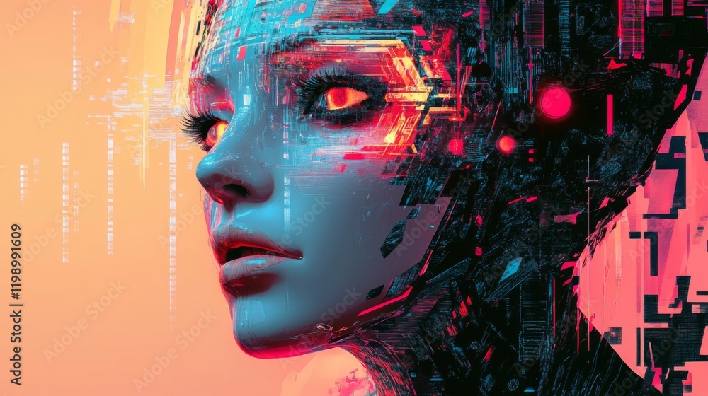 Aufkleber digital portrait of a woman with glowing circuits and data streams
