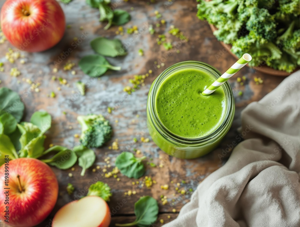Poster refreshing green smoothie with apples and broccoli on rustic wooden table