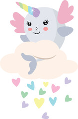 Unicorn Whale Floating on a Cloud with Hearts © soniagoncalves