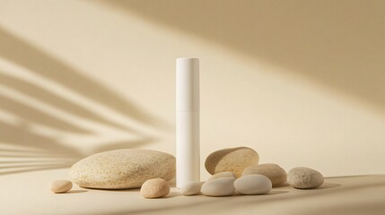A clean setup of a white lip balm tube standing upright, surrounded by small natural stones on a beige background