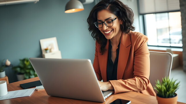 Middle age European business woman CEO using laptop application for work at table workspace in office. Smiling Latin Hispanic mature adult professional businesswoman using pc digital computer. Banner 