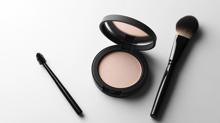 A compact face powder case with a mirror, shown alongside a minimalist brush on a plain white background