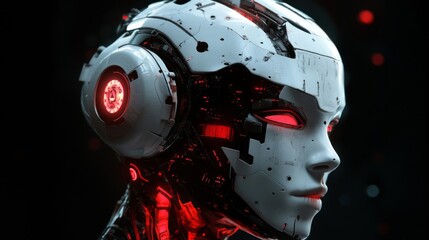 Close-up Portrait of a Female Cyborg with Glowing Red Lights