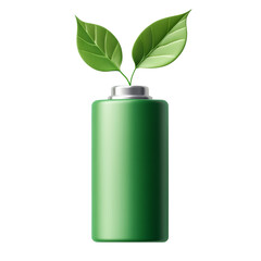 A green battery with two leaves growing from its top symbolizes eco-friendly energy.