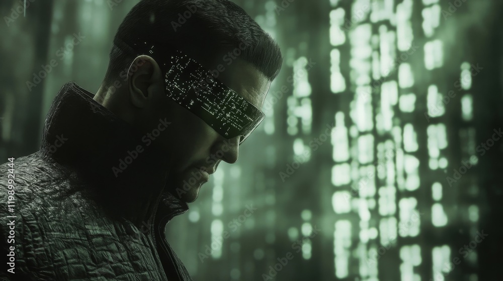 Aufkleber thoughtful man in futuristic setting with digital interface