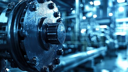 Fototapeta premium Steel gear and shaft with oily texture in a blue-lit factory. Tight macro view with bokeh machinery. Precision and reliability for industrial production. Ideal for engineering, manufacturing
