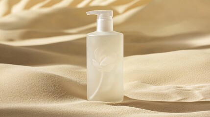 A frosted glass cleanser bottle with a subtle embossed logo, set against a light sand-colored background