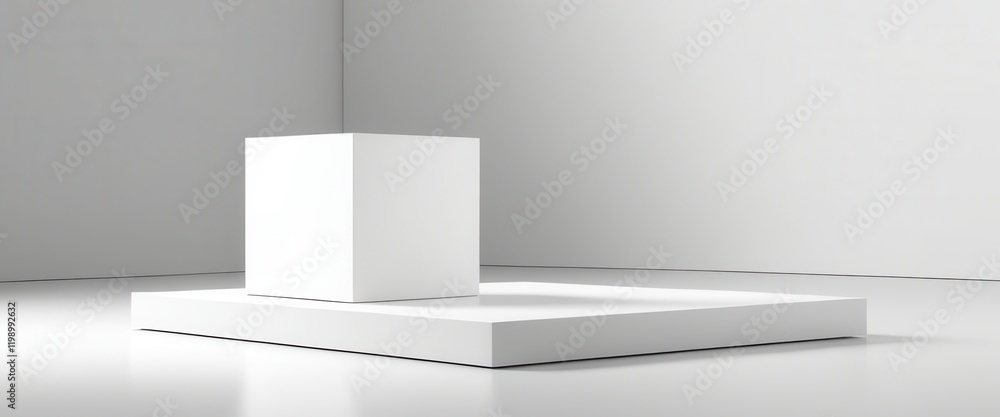 Poster minimalist white cube on raised platform in empty modern space