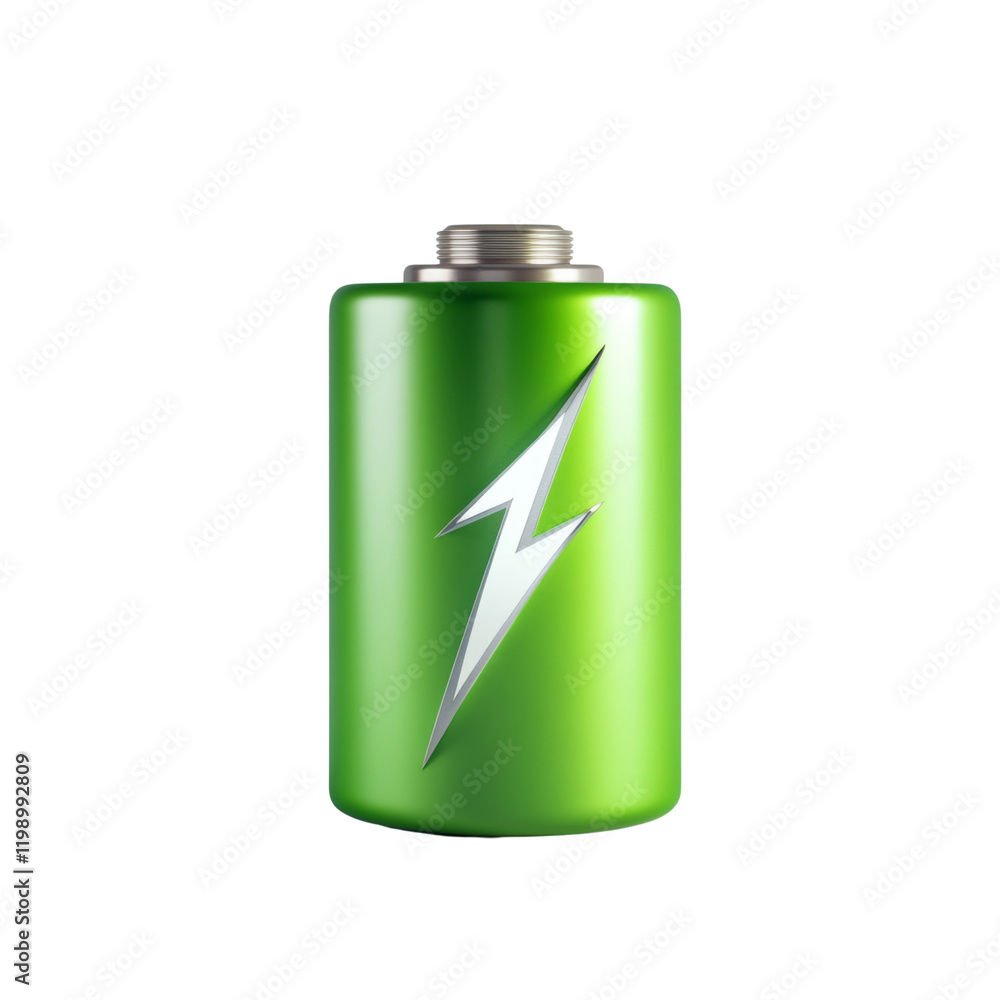 Poster a 3d rendered image of a green cylindrical battery showcasing a lightning bolt symbol representing p
