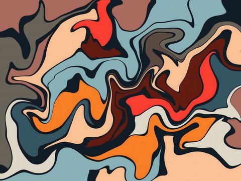 Abstract swirling patterns in muted earthy tones and bold black lines.